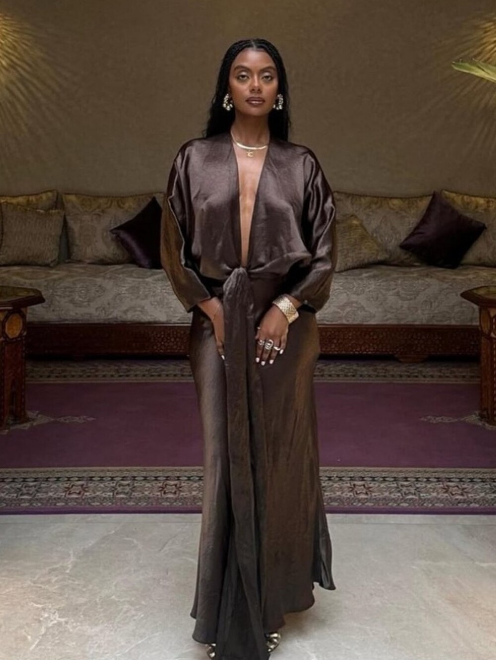 Zara NWT satin effect maxi dress brown Size L - Picture 2 of 15